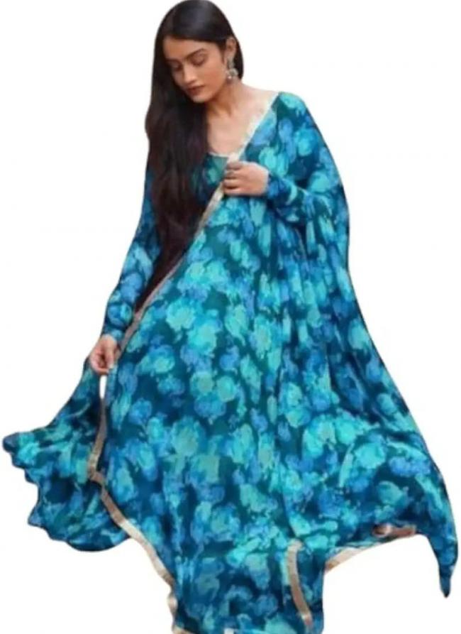 Geogette Sky Blue Traditional Wear Printed Readymade Gown With Dupatta